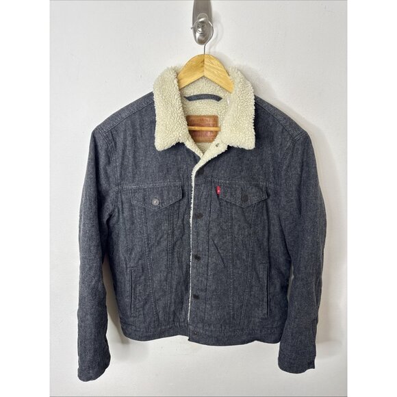 Levis Sherpa Lined Trucker Jacket Men M Snap Gray Soft Finish - Picture 1 of 5
